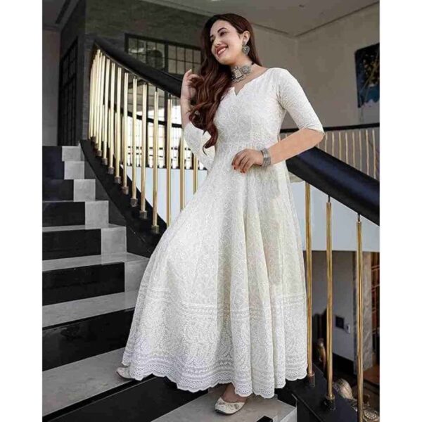 Girl's White Color Chikankari Long Kurti Gown - Image 3