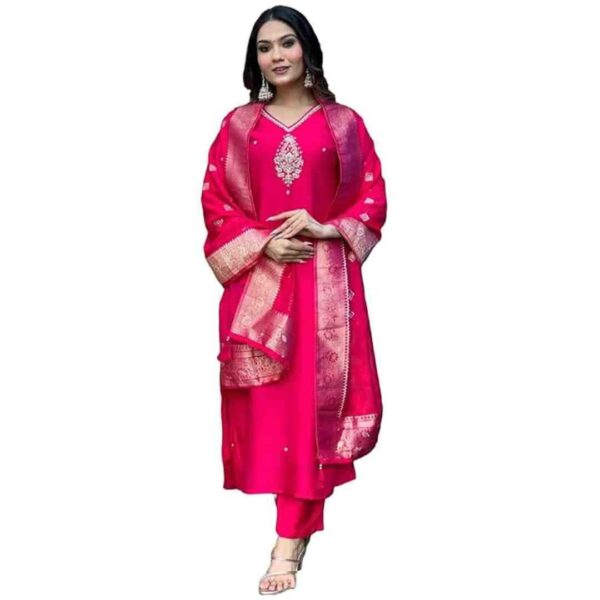 ANNI DESIGNER Women's Silk Blend Straight Embroidered Kurta with Pant & Dupatta