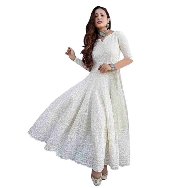 Girl's White Color Chikankari Long Kurti Gown