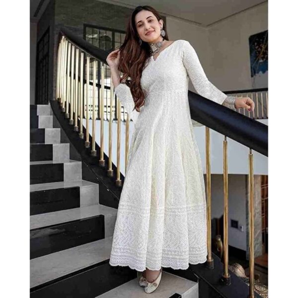 Girl's White Color Chikankari Long Kurti Gown - Image 5