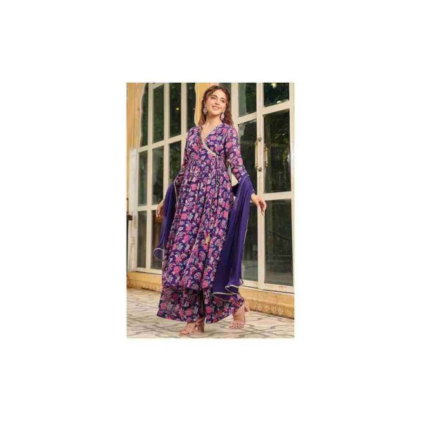 Georgette Floral Printed Angrakha Kurta with Palazzo and Dupatta Set - Image 3